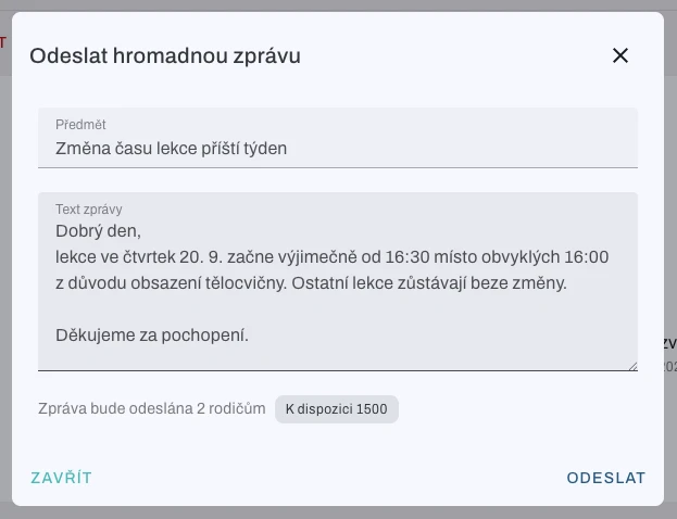 Odeslání hromadné zprávy rodičům