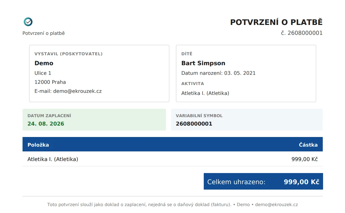 Potvrzení o platbě v PDF s QR kódem