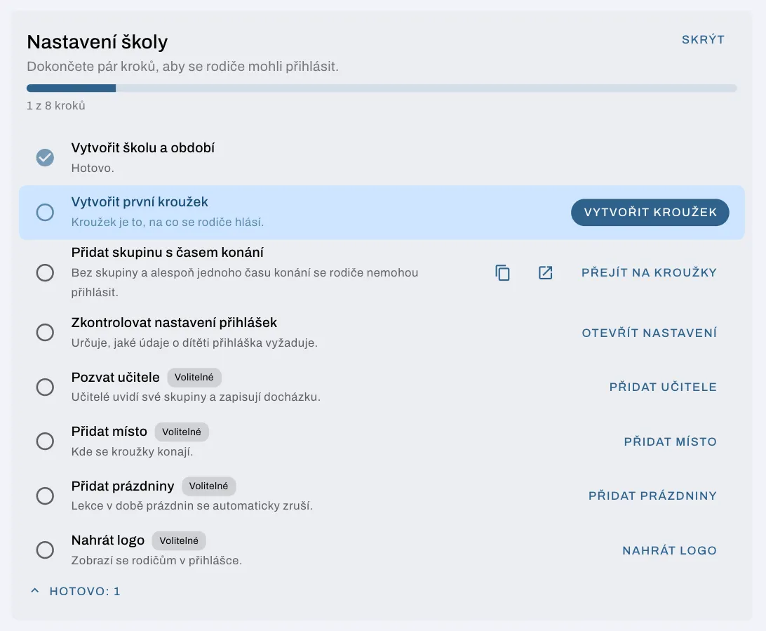 Průvodce nastavením školy na nástěnce administrátora