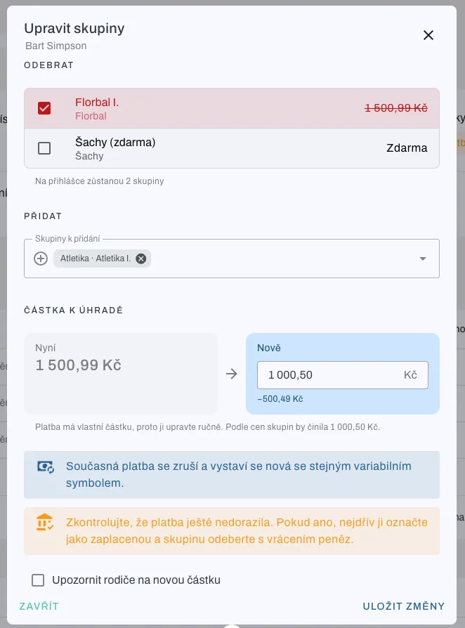 Dialog pro úpravu skupin v přihlášce s přepočtem částky