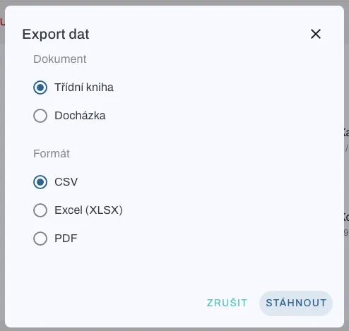 Dialog pro export dat s výběrem dokumentu a formátu