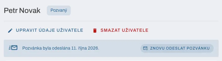 Detail pozvaného uživatele s možností znovu odeslat pozvánku
