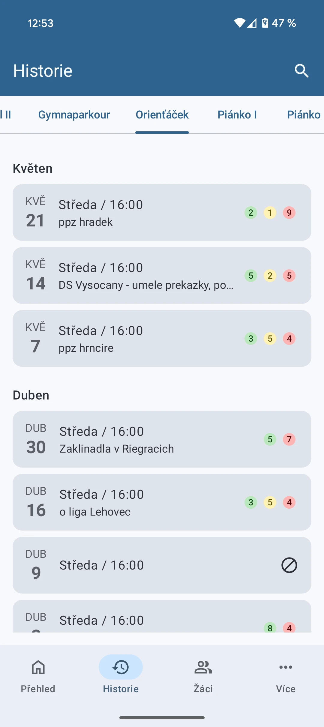 Historie docházky v mobilní aplikaci