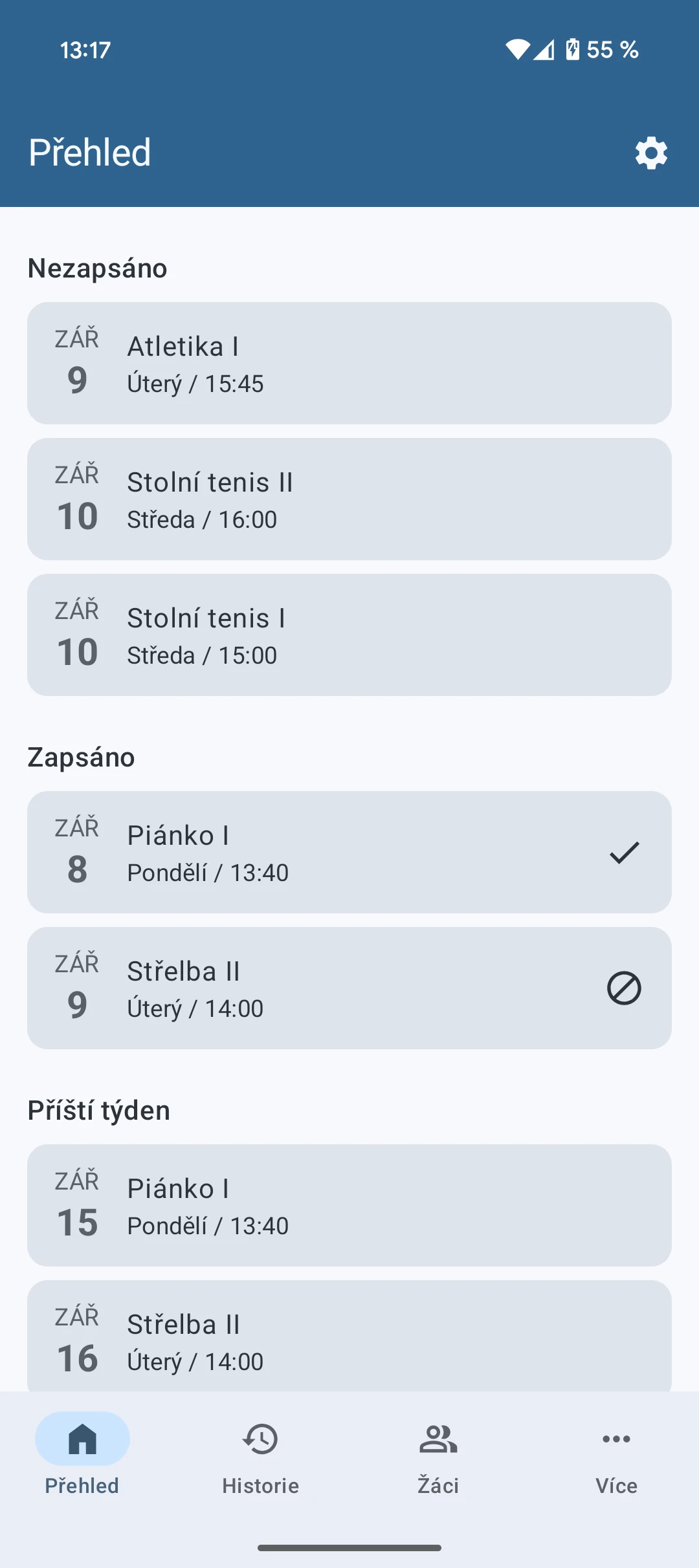Přehled nadcházejících lekcí v mobilní aplikaci