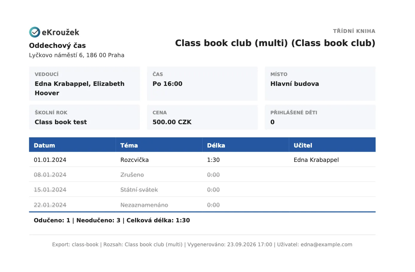 Náhled třídní knihy exportované do PDF