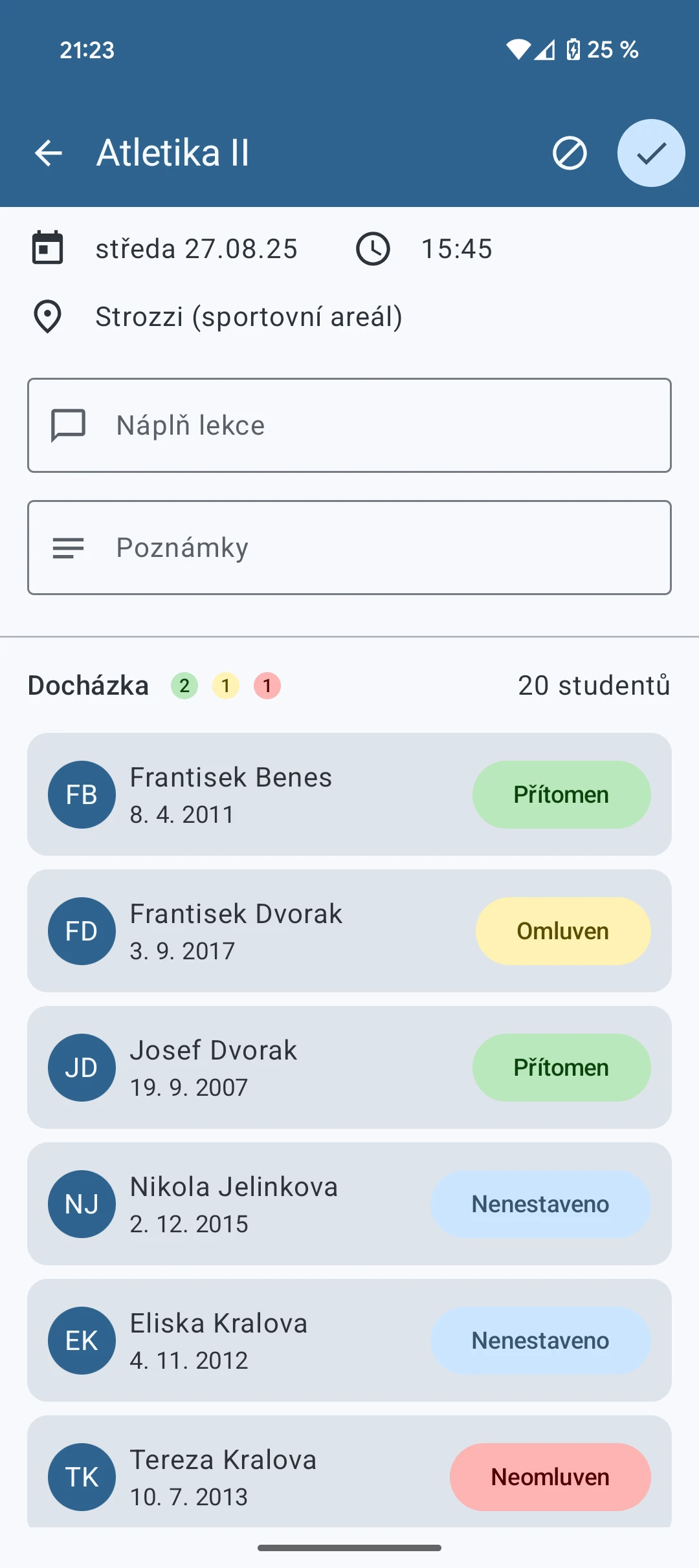 Náhled zápisu docházky v mobilní aplikaci pro lektory