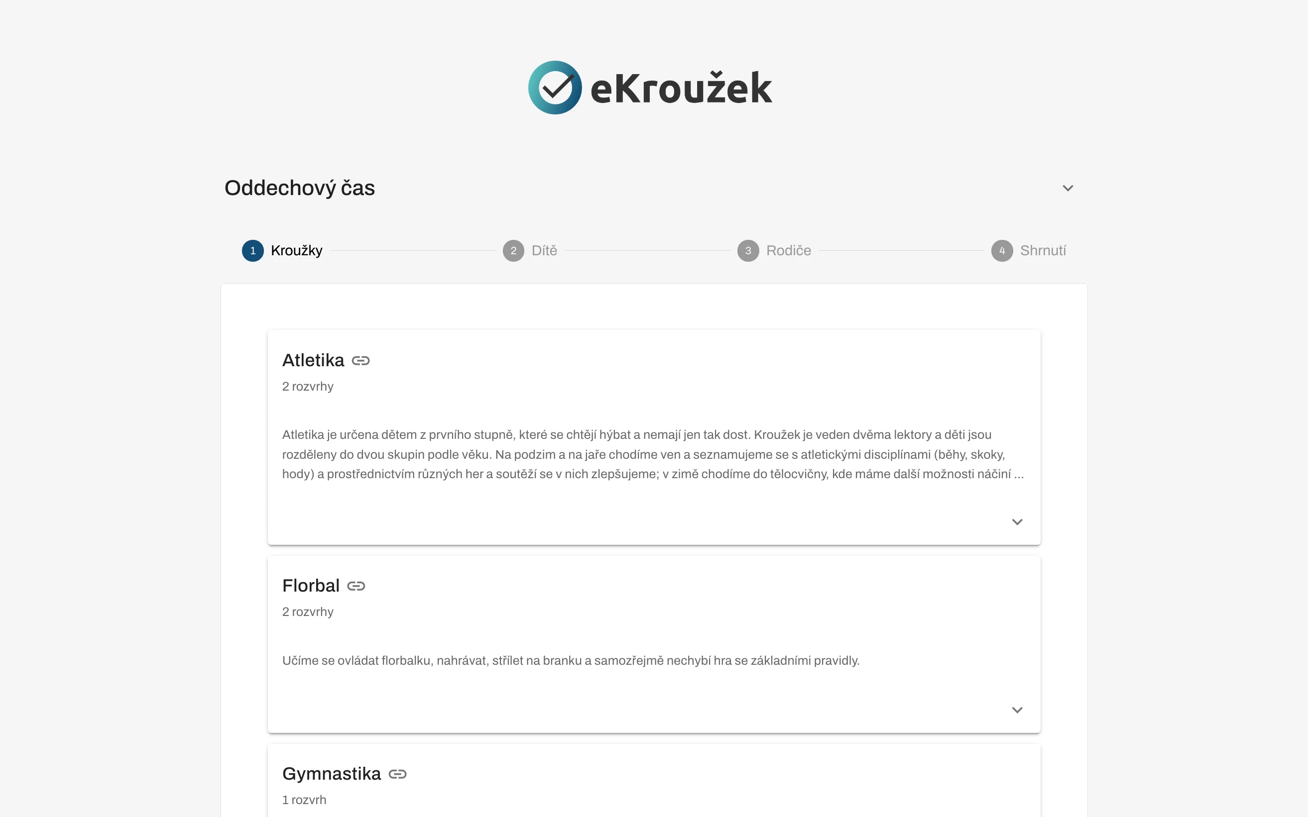 Náhled online přihlášky do kroužku